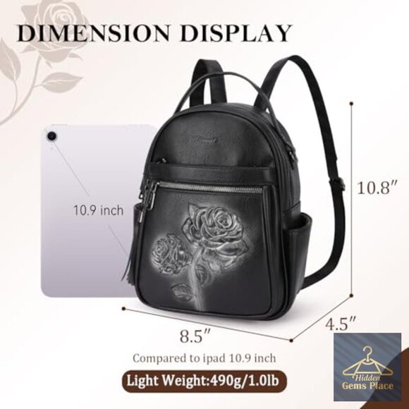 Mini Vegan Leather Backpack Purse with Floral Design, Water Resistant, 8 Pockets main image 4